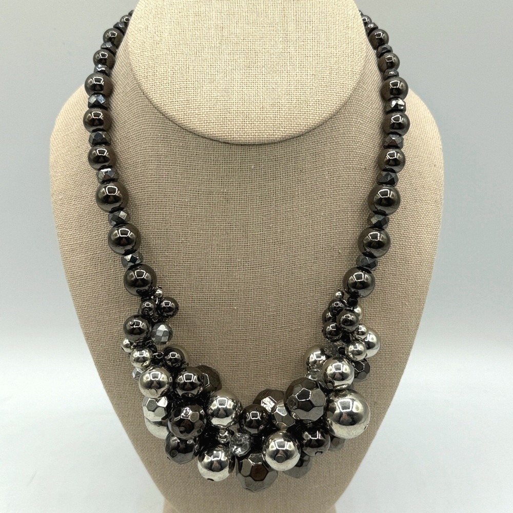 Chico's Beaded Cluster Necklace Gunmetal Silver Statement Bib Adjustable Chunky